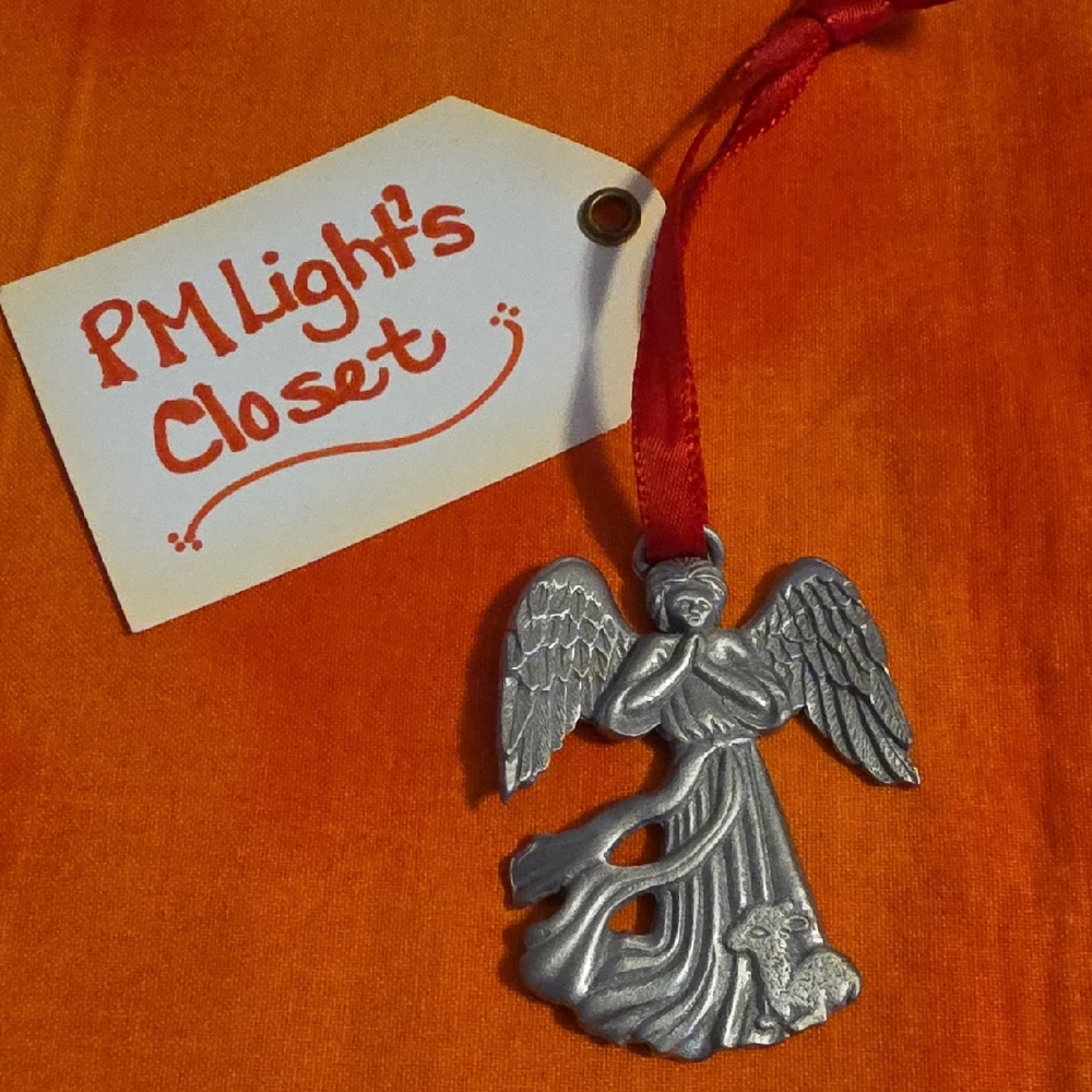 Lindsay Claire Pewter Guardian Angel Ornament with Red Ribbon